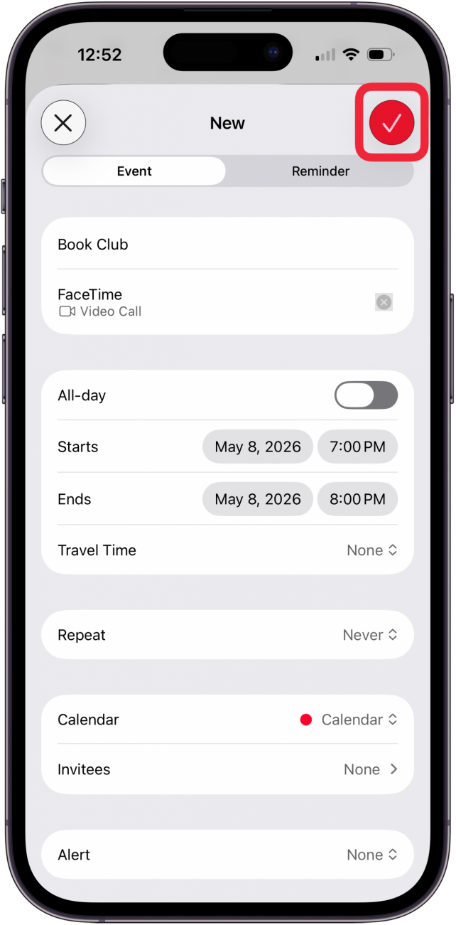 tap red check mark to save facetime calendar event