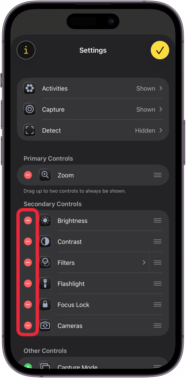 tap red circle to remove a control from magnifier