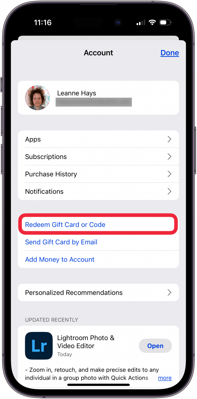 tap redeem gift card or code