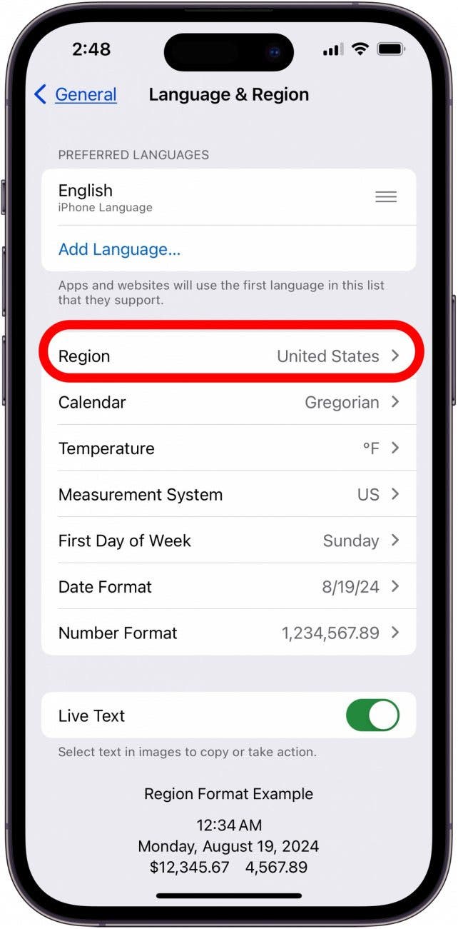 tap region in language and region iphone settings