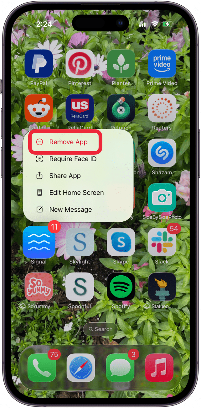 tap remove app in menu