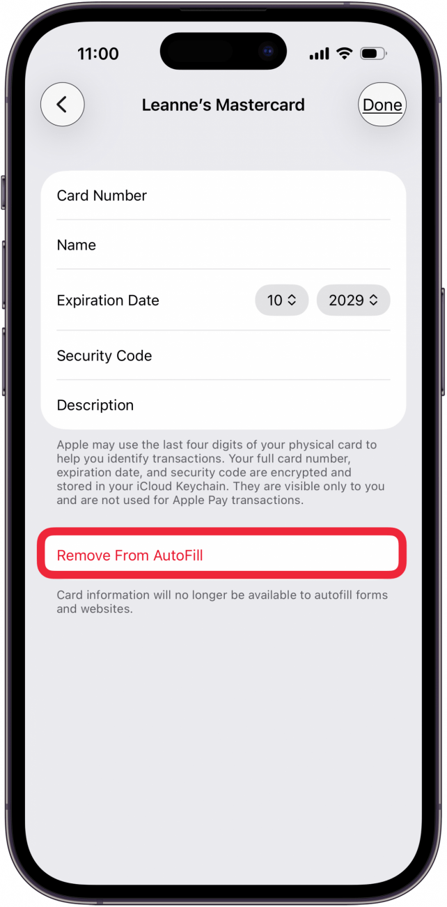 tap remove from autofill to remove credit card