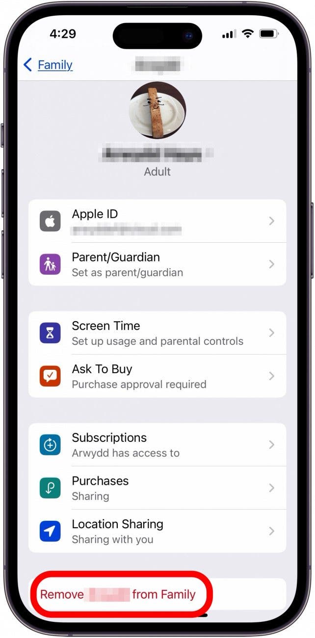 tap remove from family to remove your ex from family group