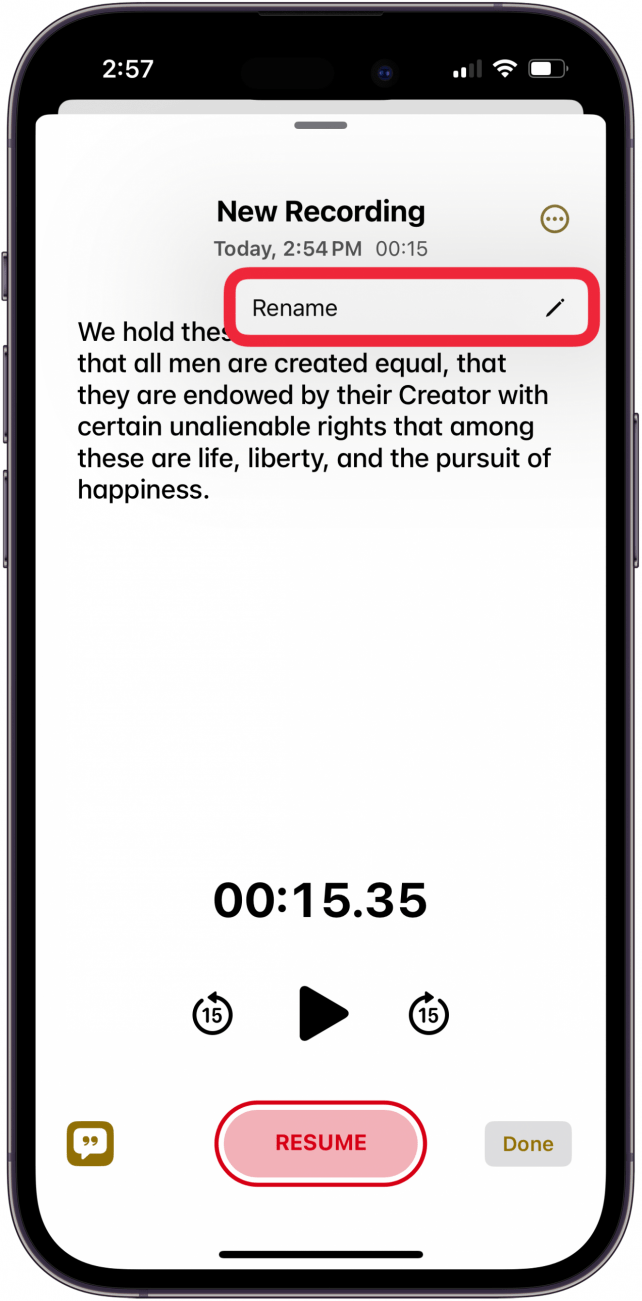 tap rename to name your audio recording iphone