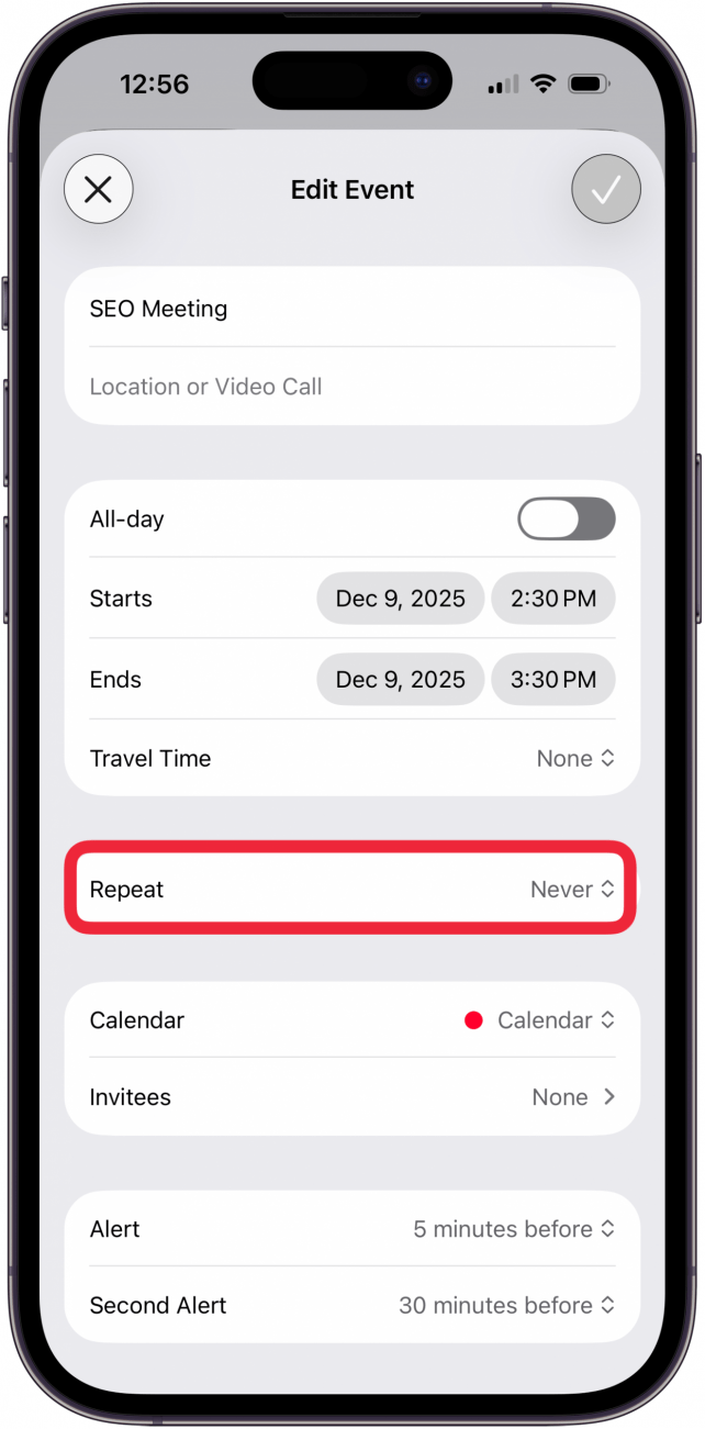 tap repeat in calendar details