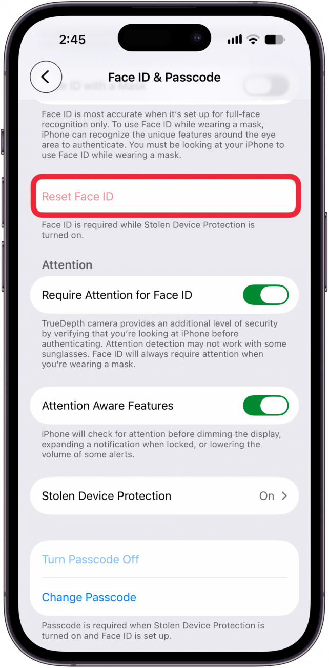 tap reset face ID
