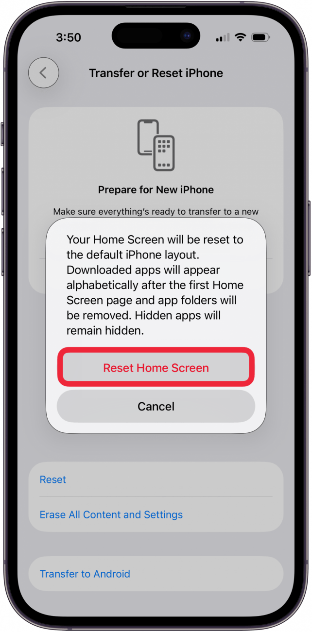 tap reset home screen tap reset home screen