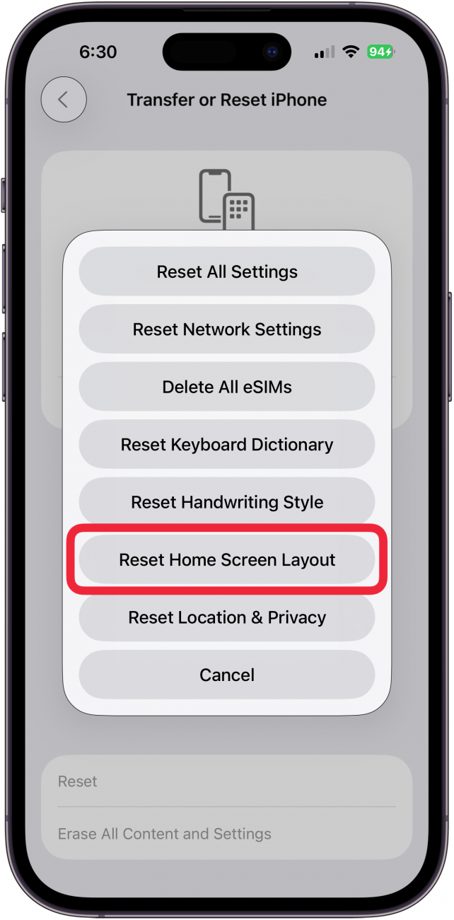 tap reset home screen layout