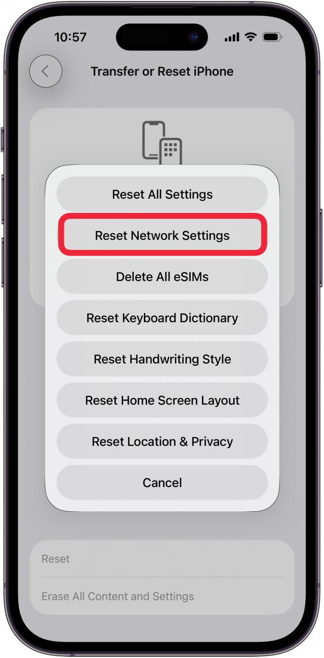 tap reset network settings