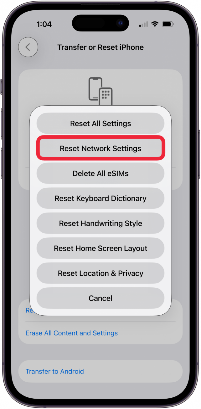 tap reset network settings