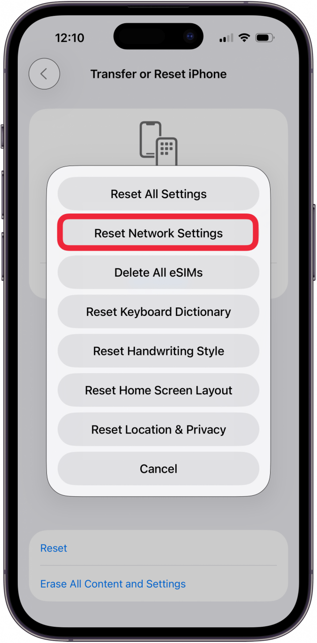 tap reset network settings on iphone
