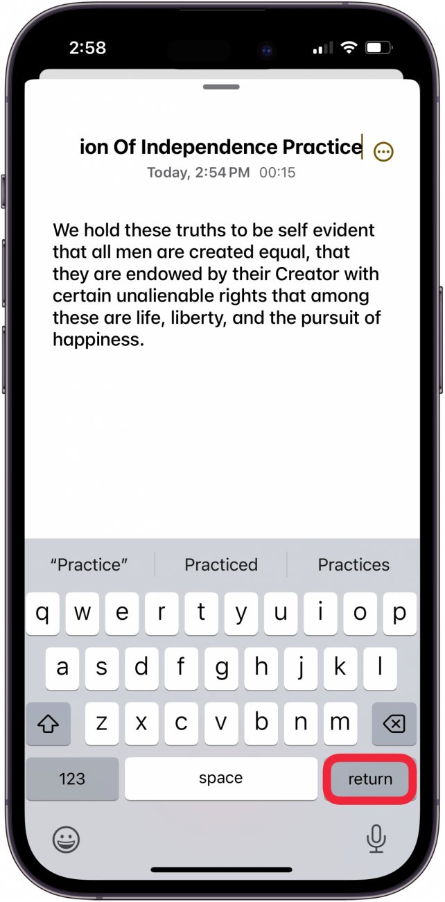 tap return to save title of iphone audio recording