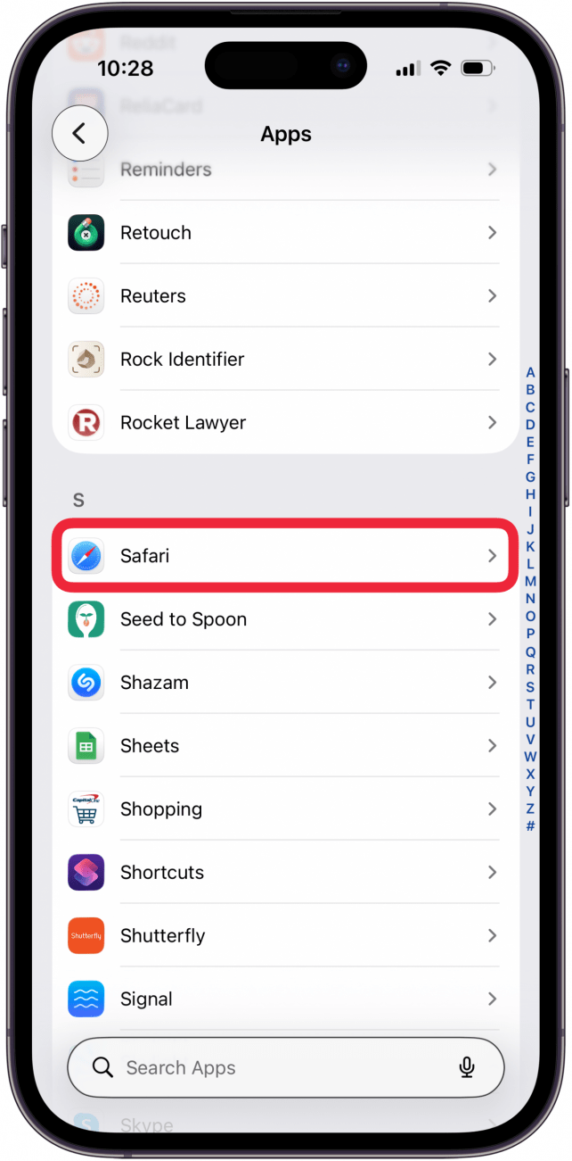 tap safari in apps settings