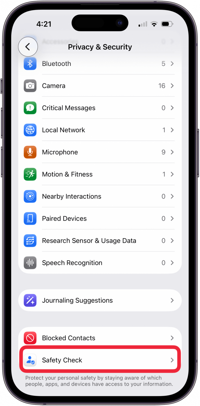 tap safety check in privacy and security settings