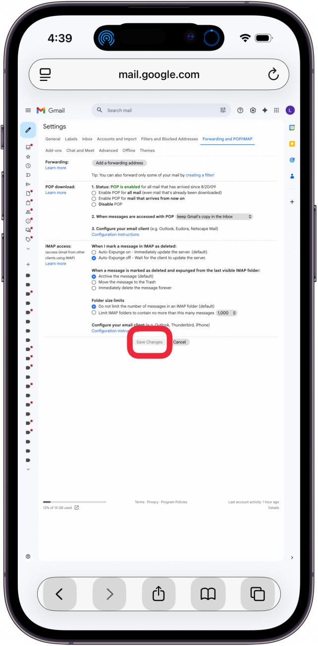 tap save changes to save imap changes tap save changes to save imap changes