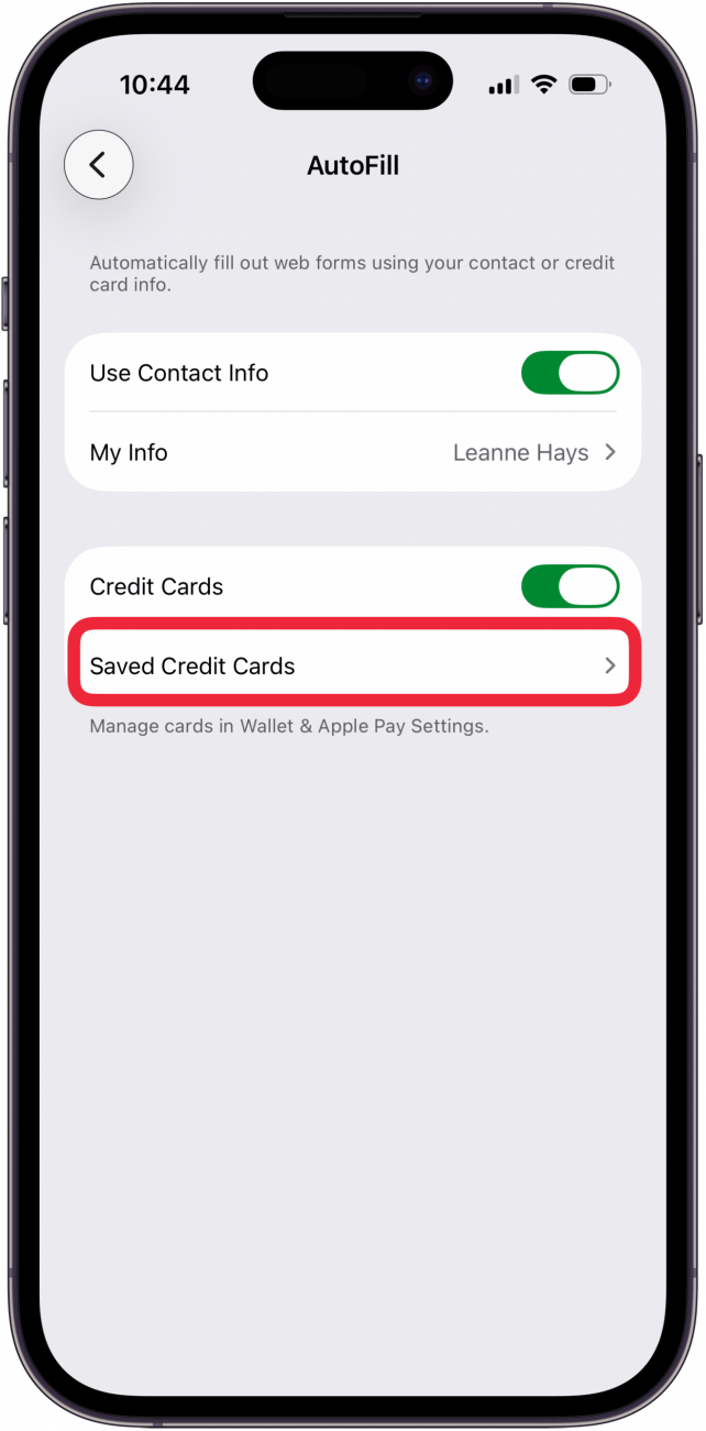 tap saved credit cards in safari autofill settings