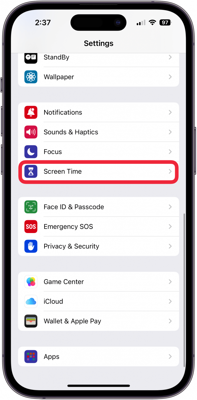 tap screen time in settings