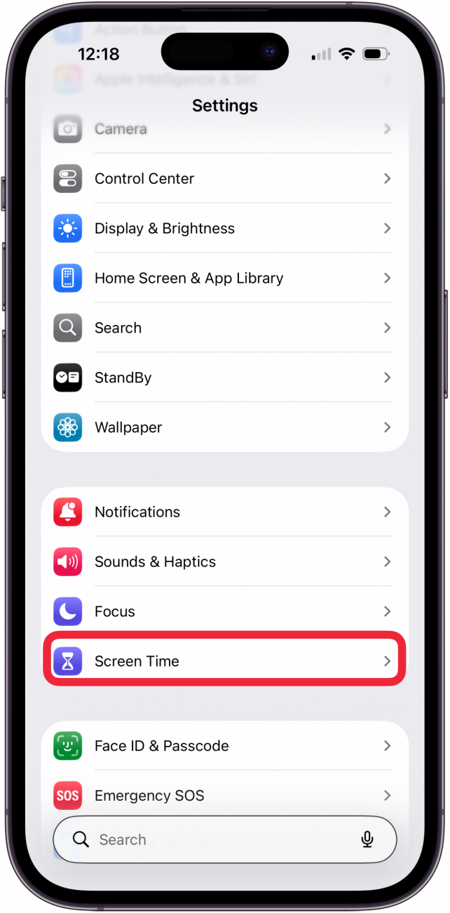tap screen time in settings