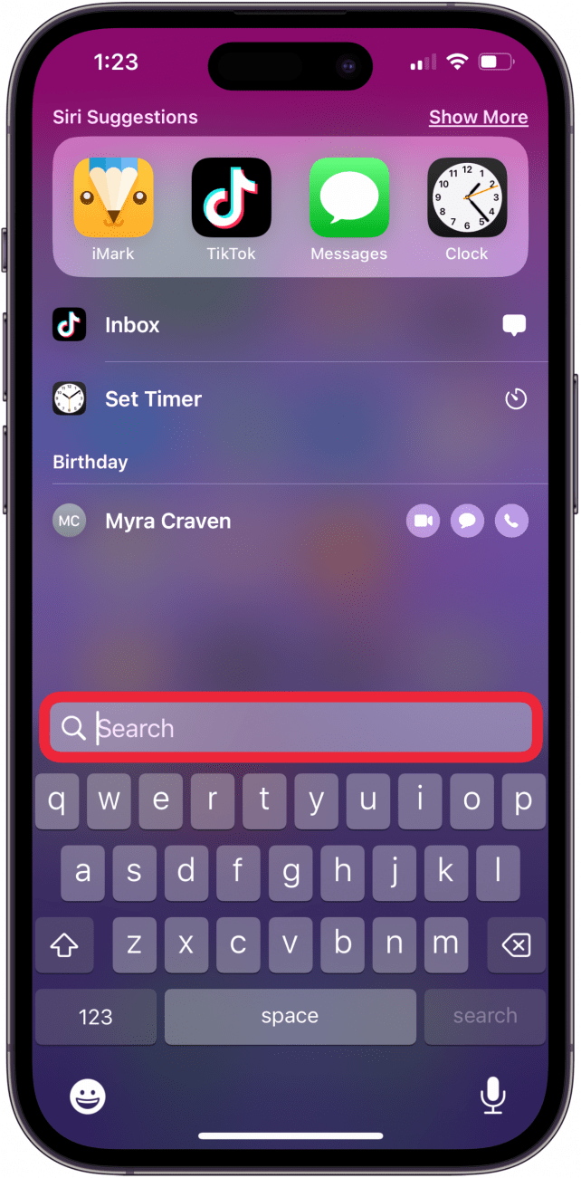 tap search bar and enter calendar to find missing calendar app icon