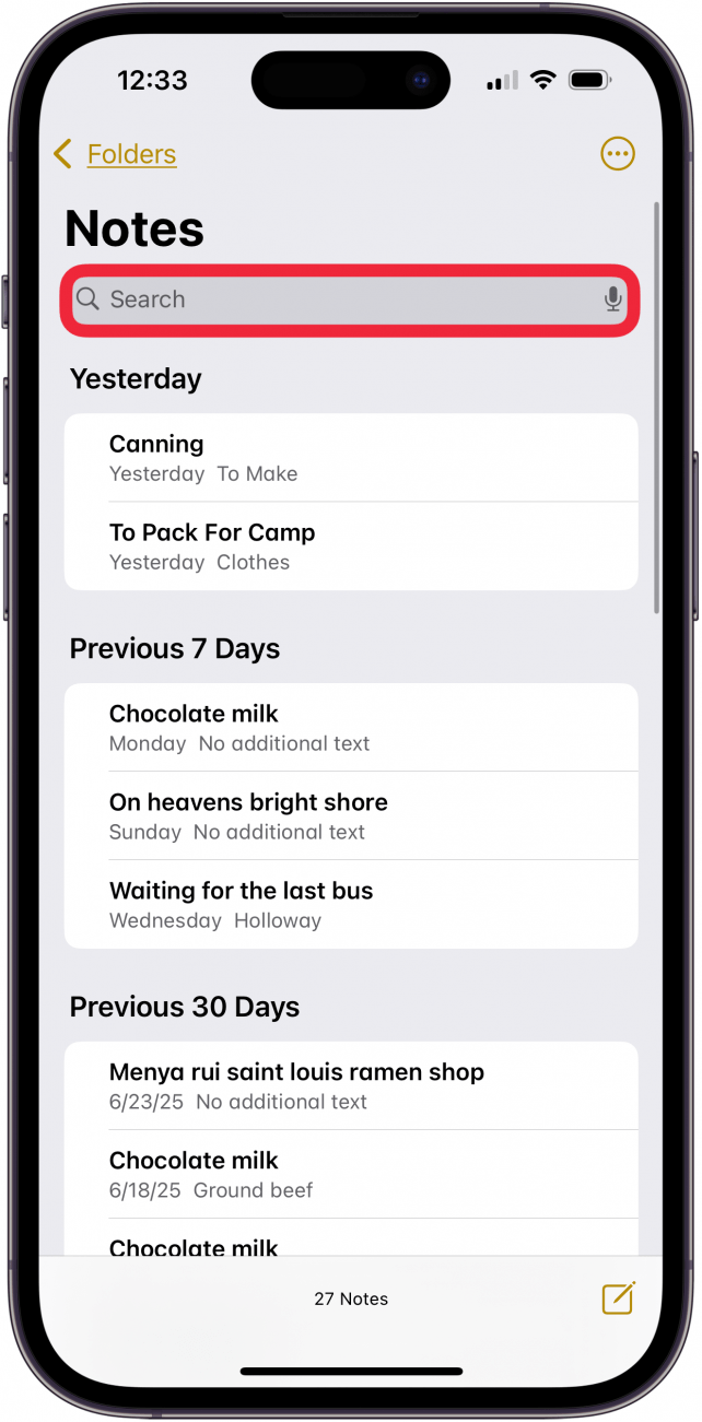 tap search bar and enter search term to do iphone notes search