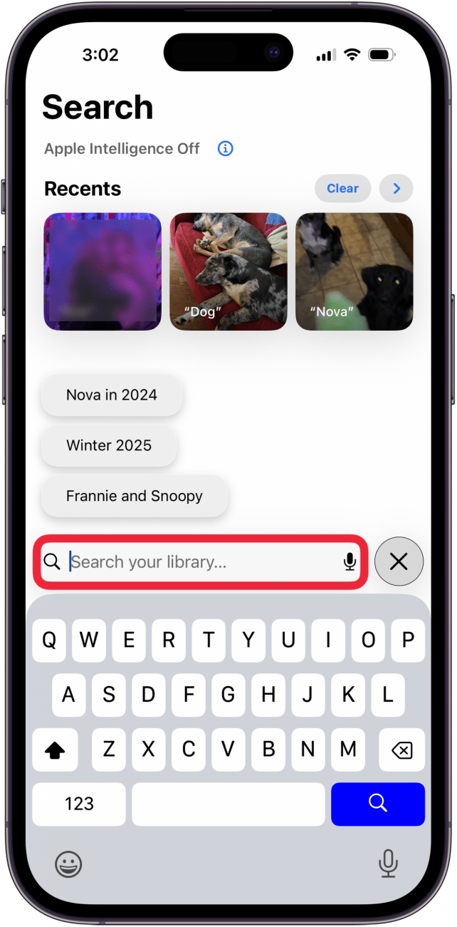 tap search bar in photos app