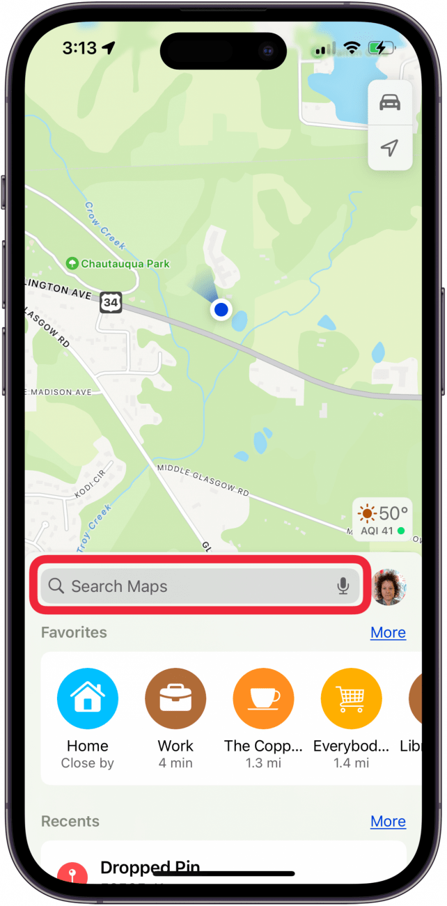 tap search bar to see apple map history