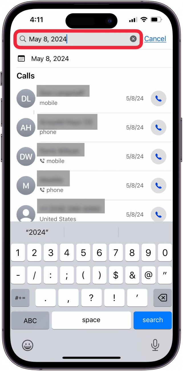 tap search field at top of screen to search iphone call history