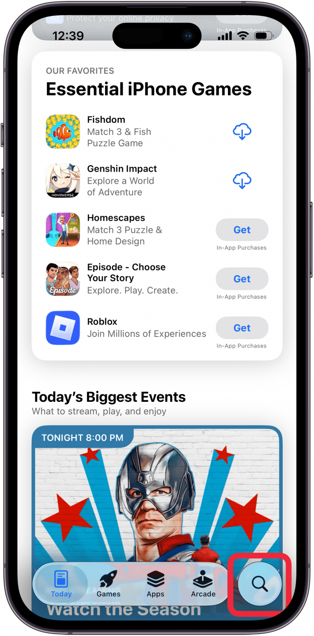 tap search icon in app store
