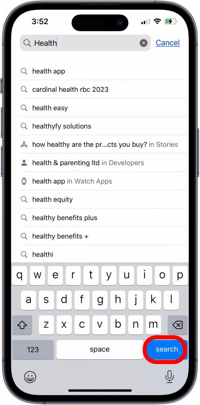 tap search in app store to find missing apple health app