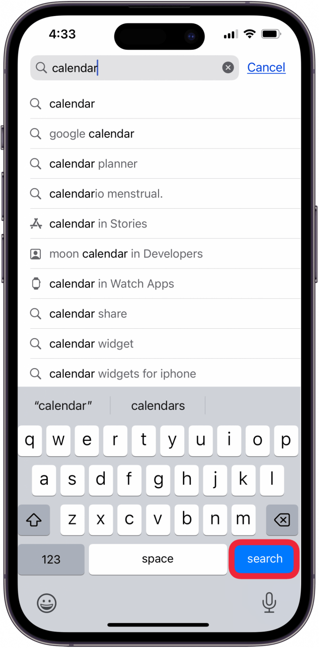 tap search to find iphone calendar in app store