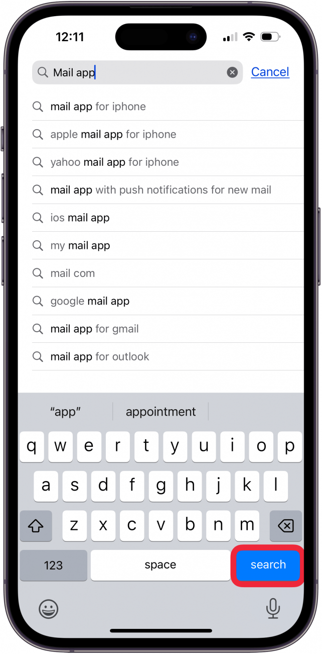 tap search to find mail icon on iPhone