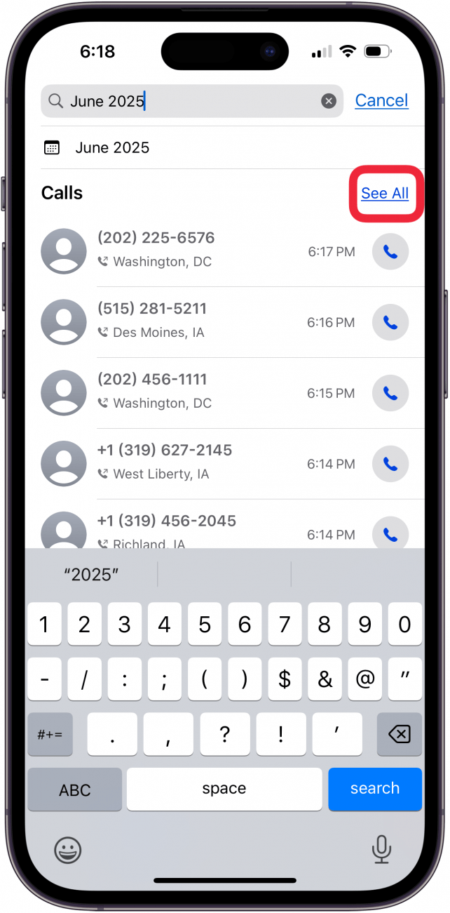 tap see all for iphone call history check