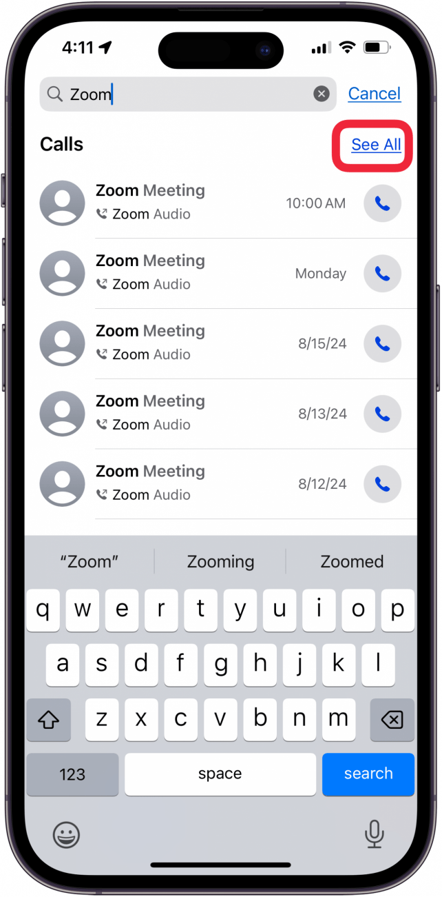 tap see all to see all results of iphone call history search
