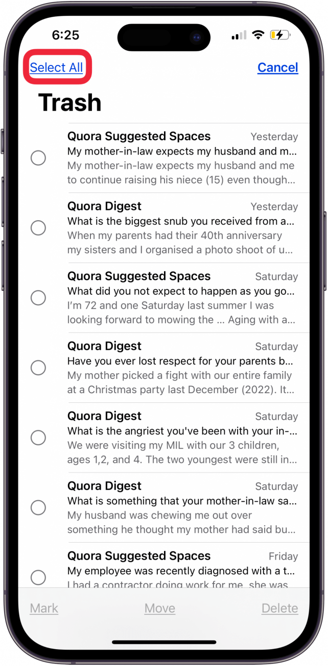 tap select all to empty trash on iphone mail app