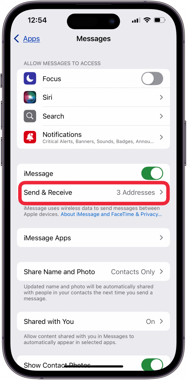 tap send and receive in messages settings