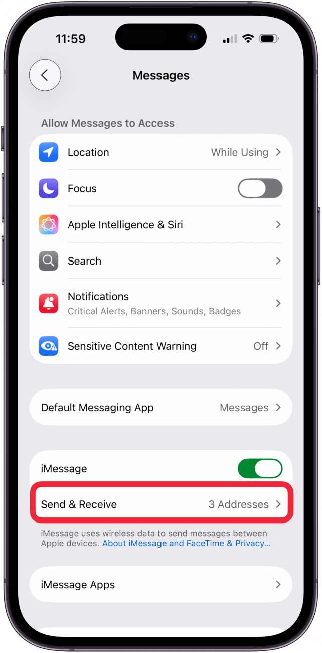 tap send and receive in messages settings