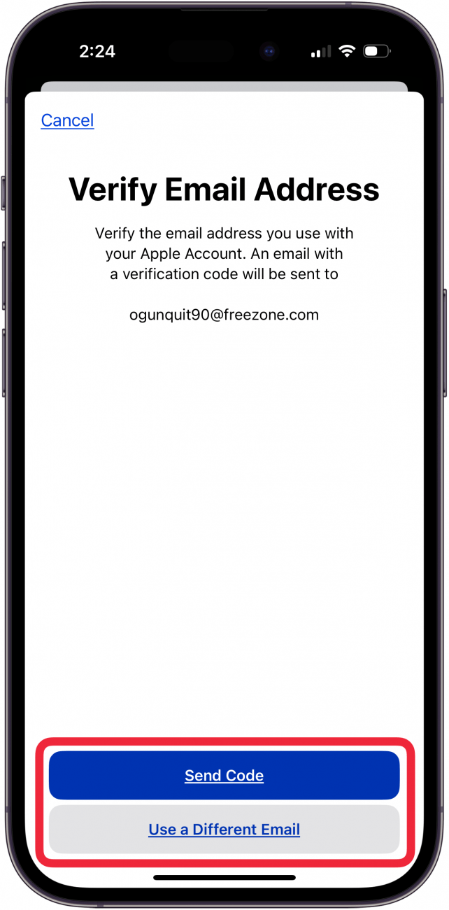 tap send code or use a different email