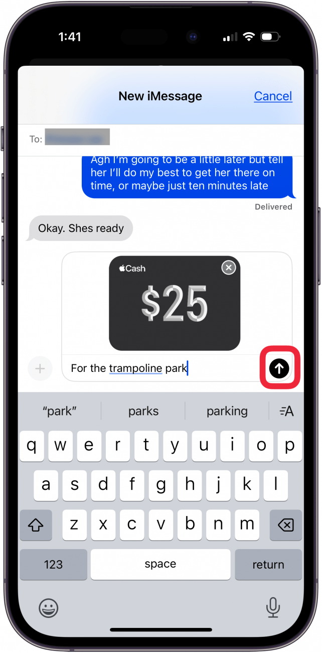tap send icon to send money in apple pay