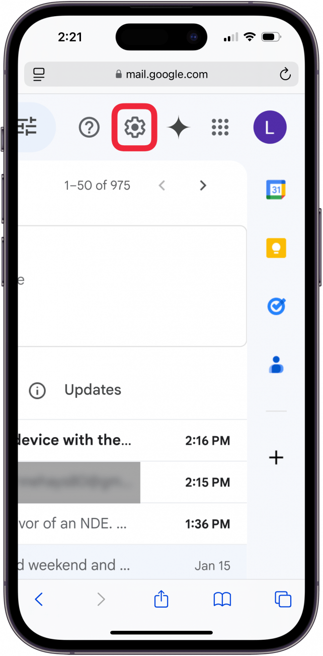 tap settings icon in web gmail