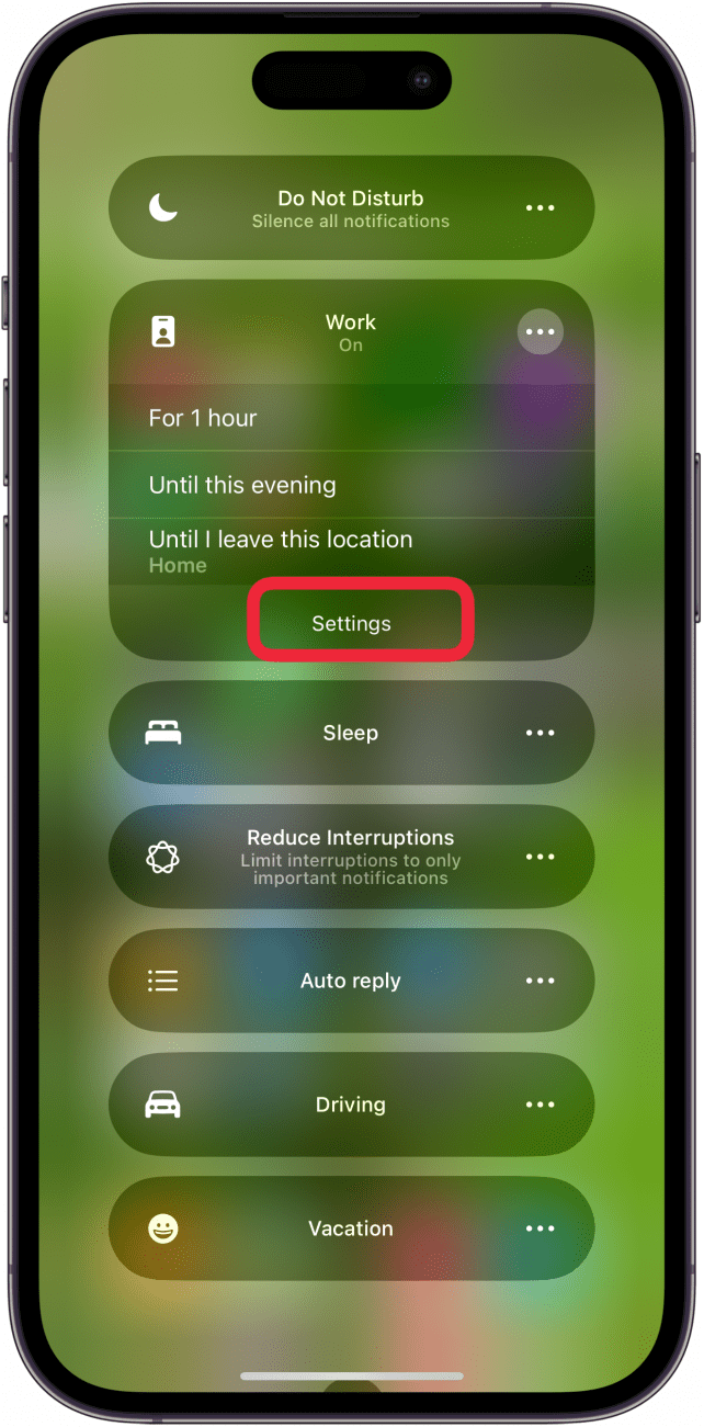 tap settings in focus mode