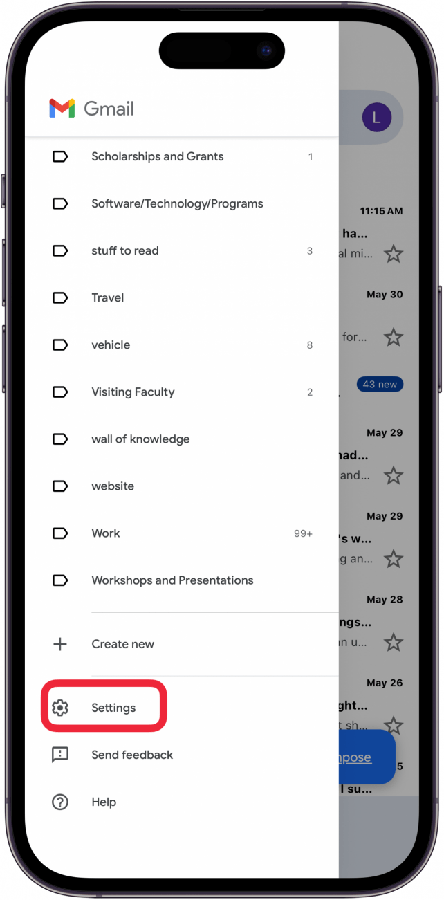 tap settings in gmail app