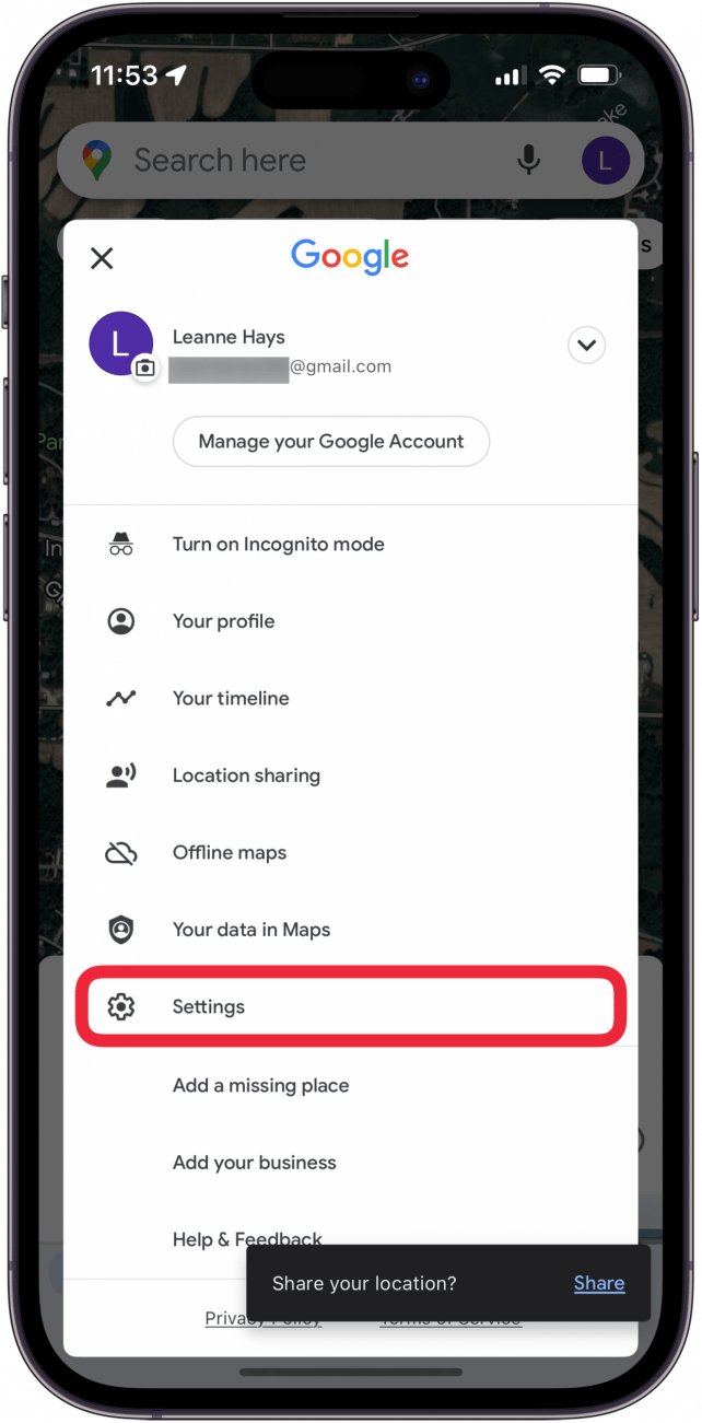 tap settings to clear google maps search history