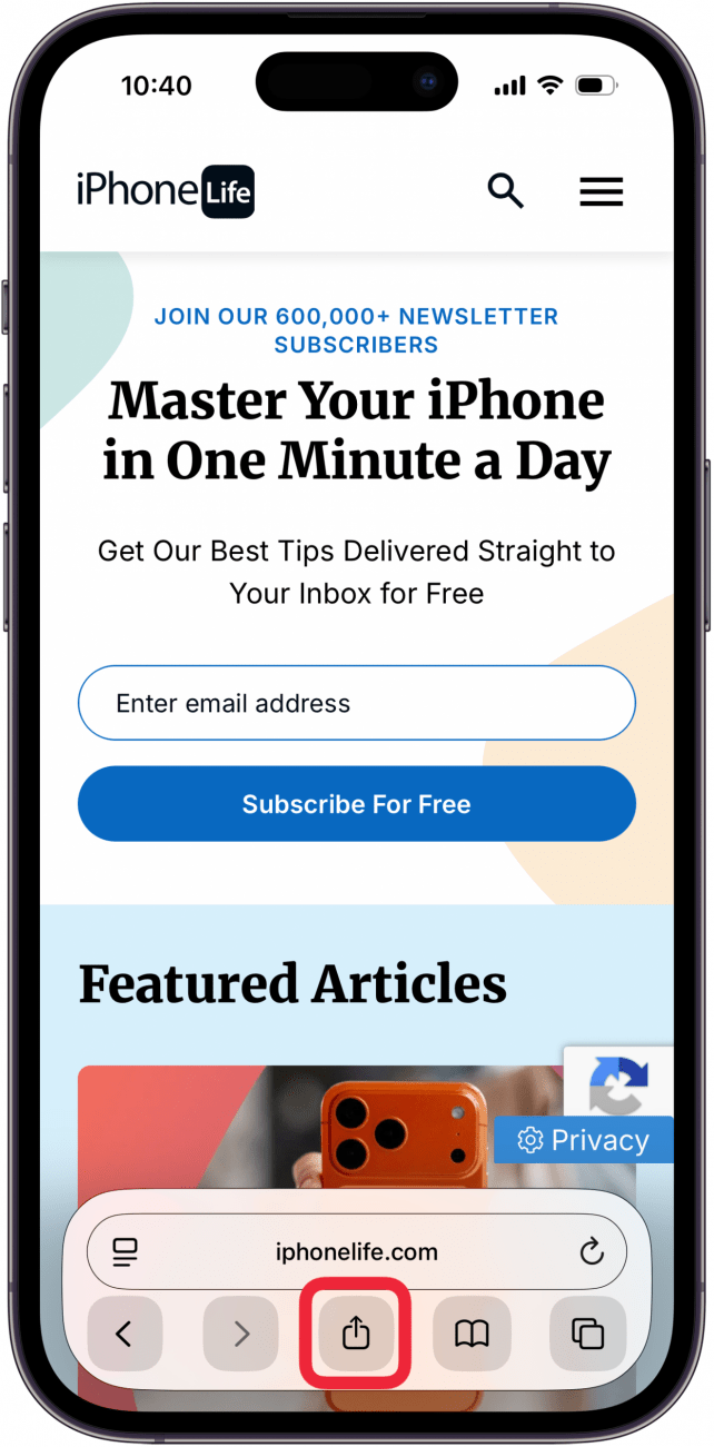 tap share icon in safari webpage