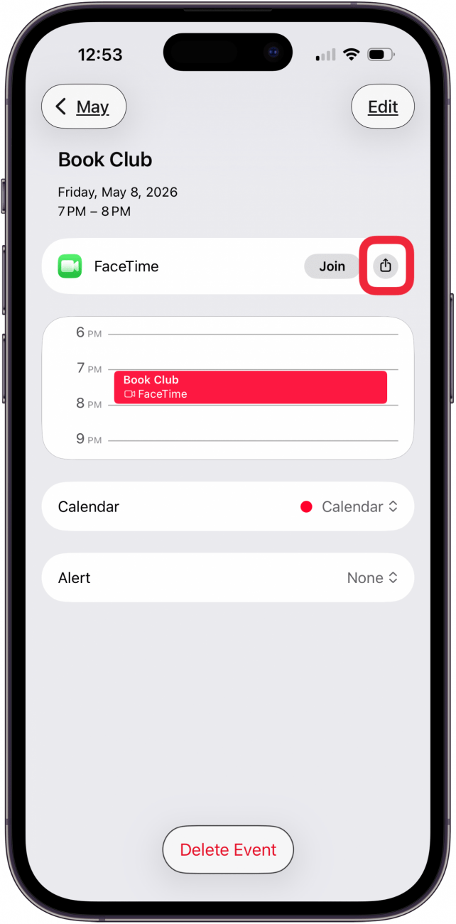 tap share icon to share event facetime link
