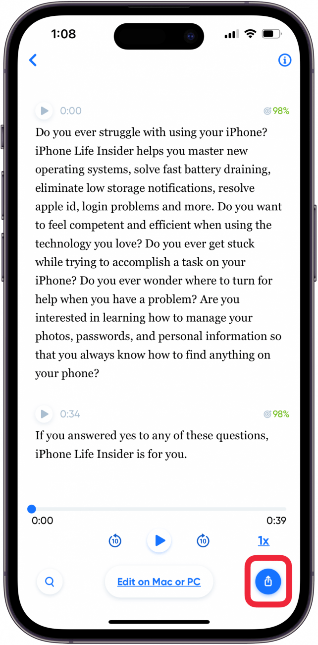 tap share icon to share ios 17 voice memo transcription