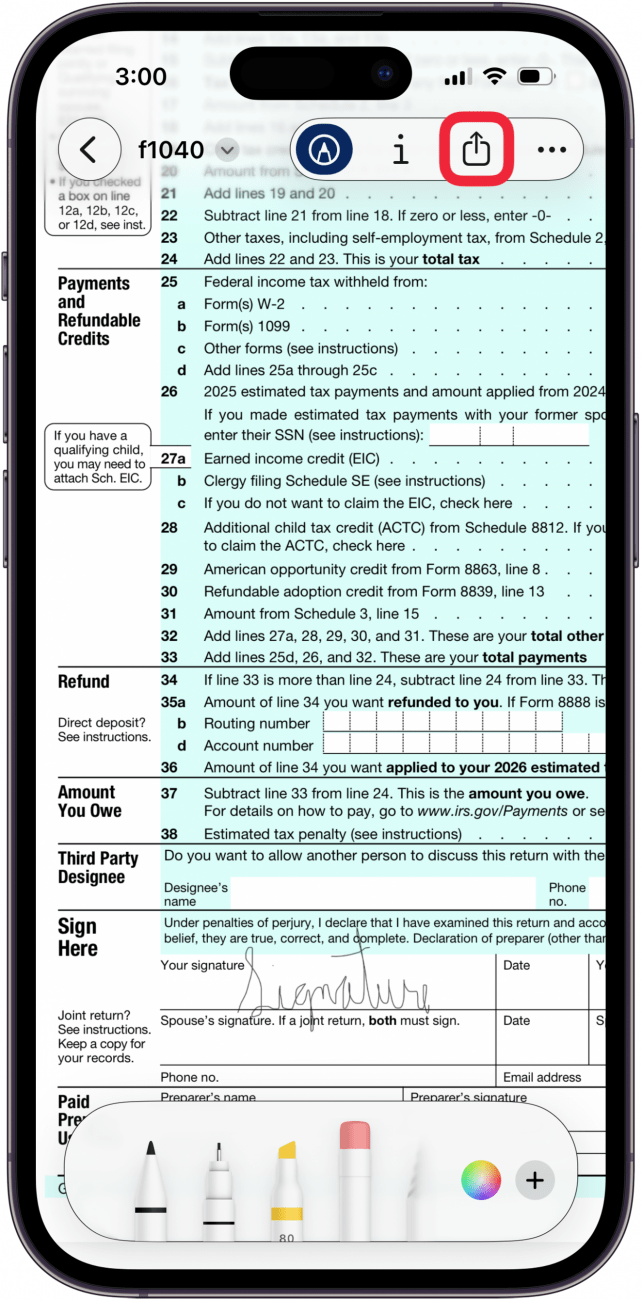 tap share icon to share signed pdf