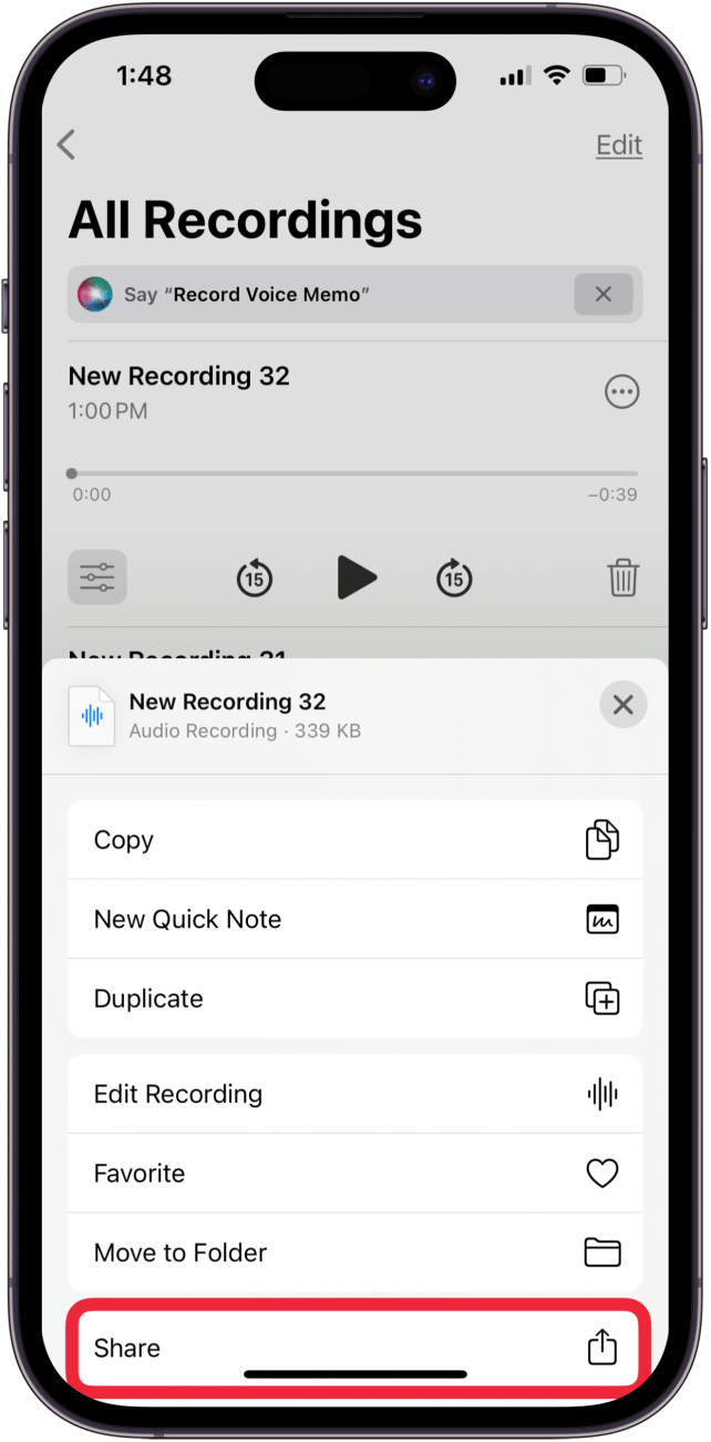 tap share to share voice memo to transcription app