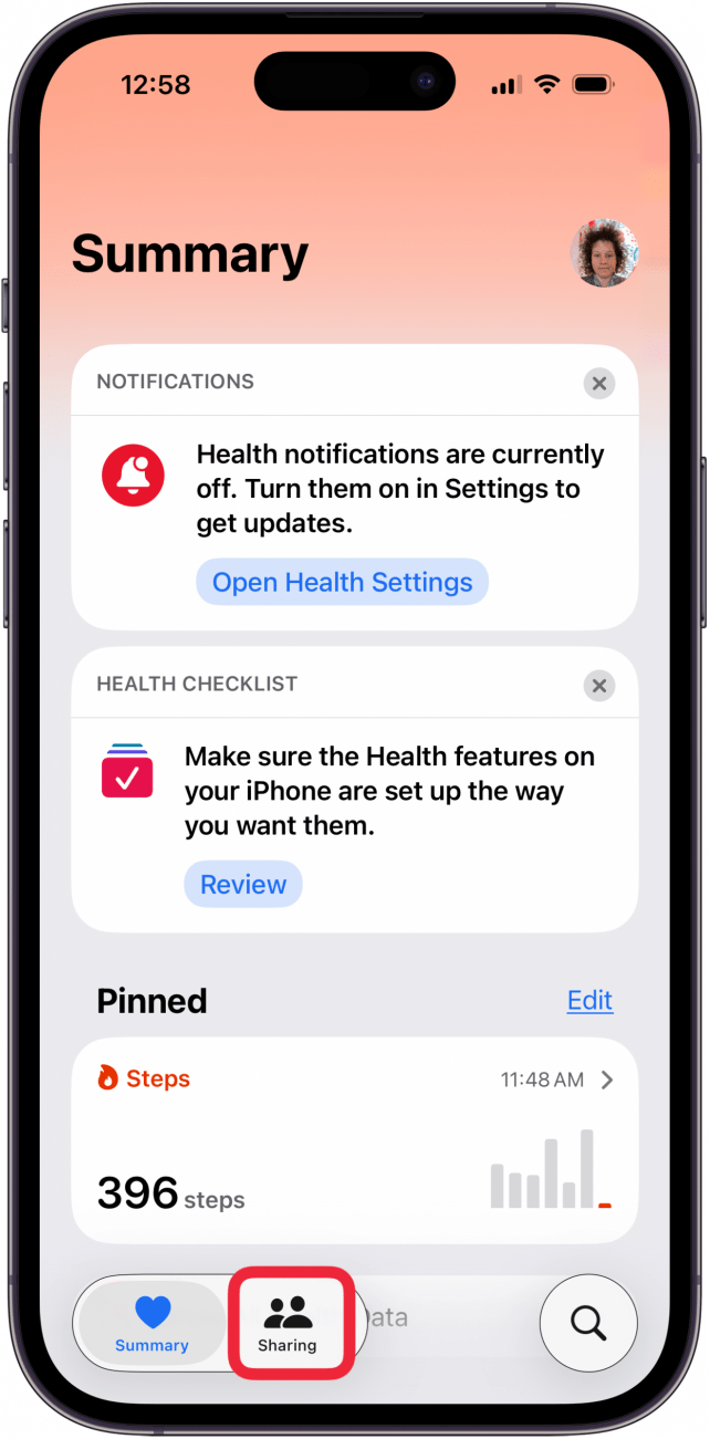 tap sharing tab in health app