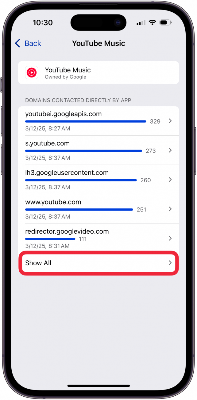 tap show all to see more app privacy report iphone info