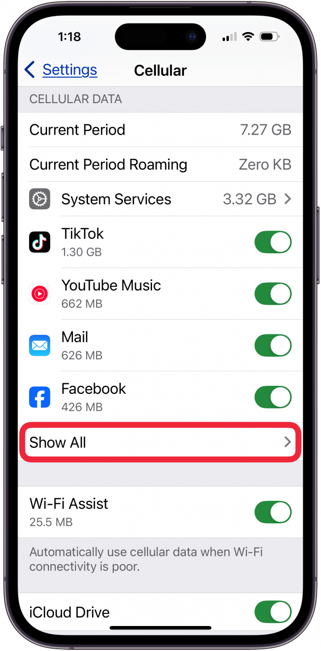 tap show all under cellular data